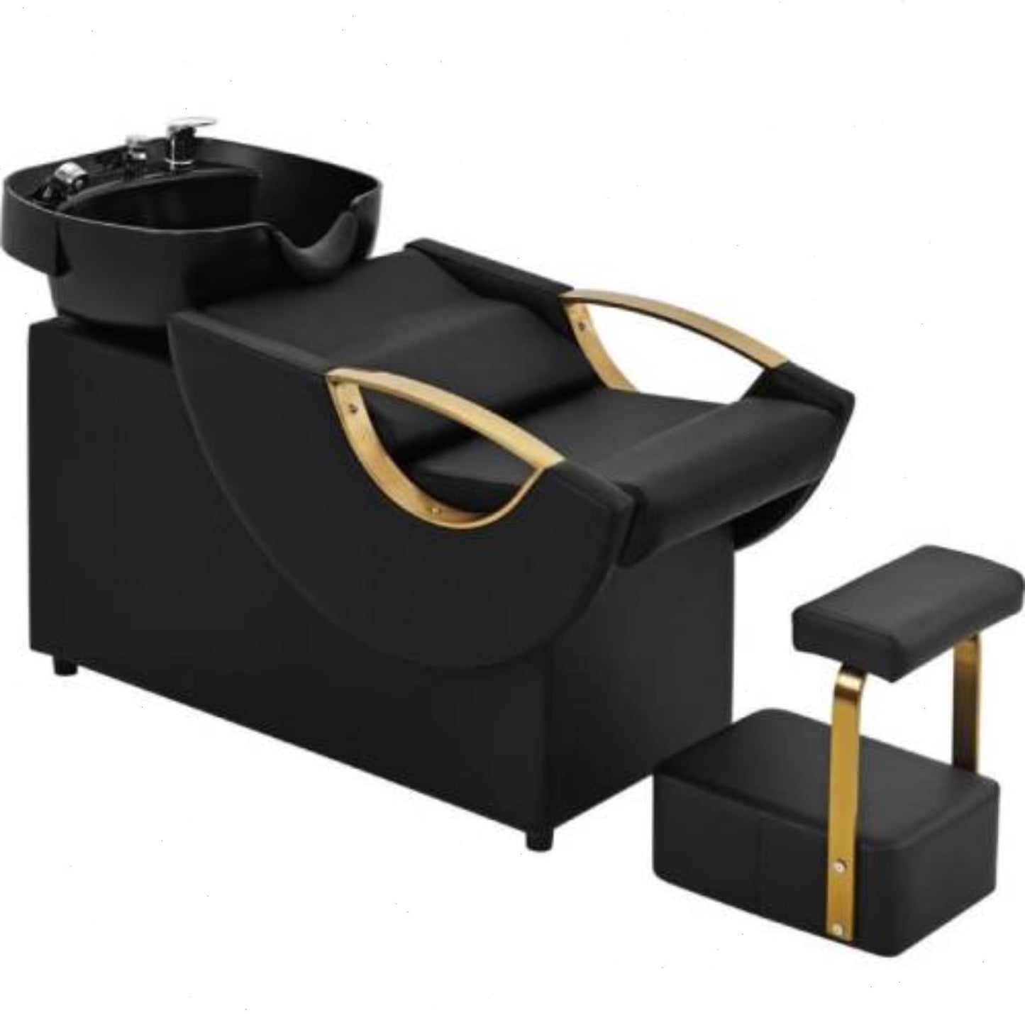 Daklpiw Professional Shampoo Chair with Bowl & Footrest, 300LBS Reclining Backwash Station with Gold Armrests, Waterproof PU Leather Salon Hair Washing Unit for Barber Shop & Spa