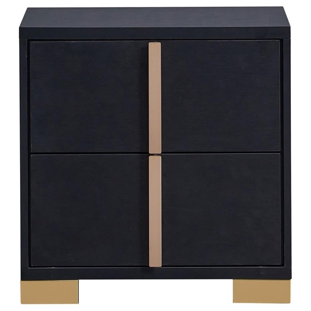 Pemberly Row 2-Drawer Wood Nightstand, 22.25 in H x 21.75 in W x 16.25 in D, Black and Gold Finish, Art Deco Style, Metal Glide Drawers, Geometric Accent, Bedroom Furniture Storage