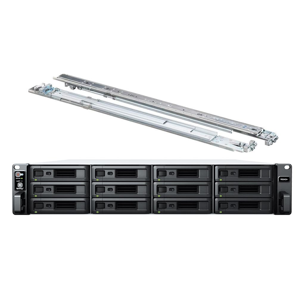 Synology RackStation RS2423+ NAS Server with Ryzen 3.35GHz CPU, 32GB Memory, 144TB HDD Storage, 10GbE LAN Ports, DSM Operating System Bundle with Rail kit