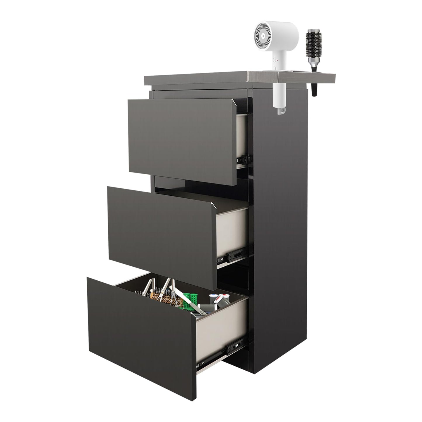 Salon Station for Hair Stylist, 3-Drawer Stainless Steel Salon Storage Cabinet Barber Organizer with 3 Hair Dryer Holders, Smooth & Silent Sliding (Black)