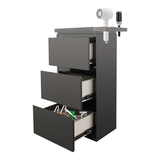 Salon Station for Hair Stylist, 3-Drawer Stainless Steel Salon Storage Cabinet Barber Organizer with 3 Hair Dryer Holders, Smooth & Silent Sliding (Black)