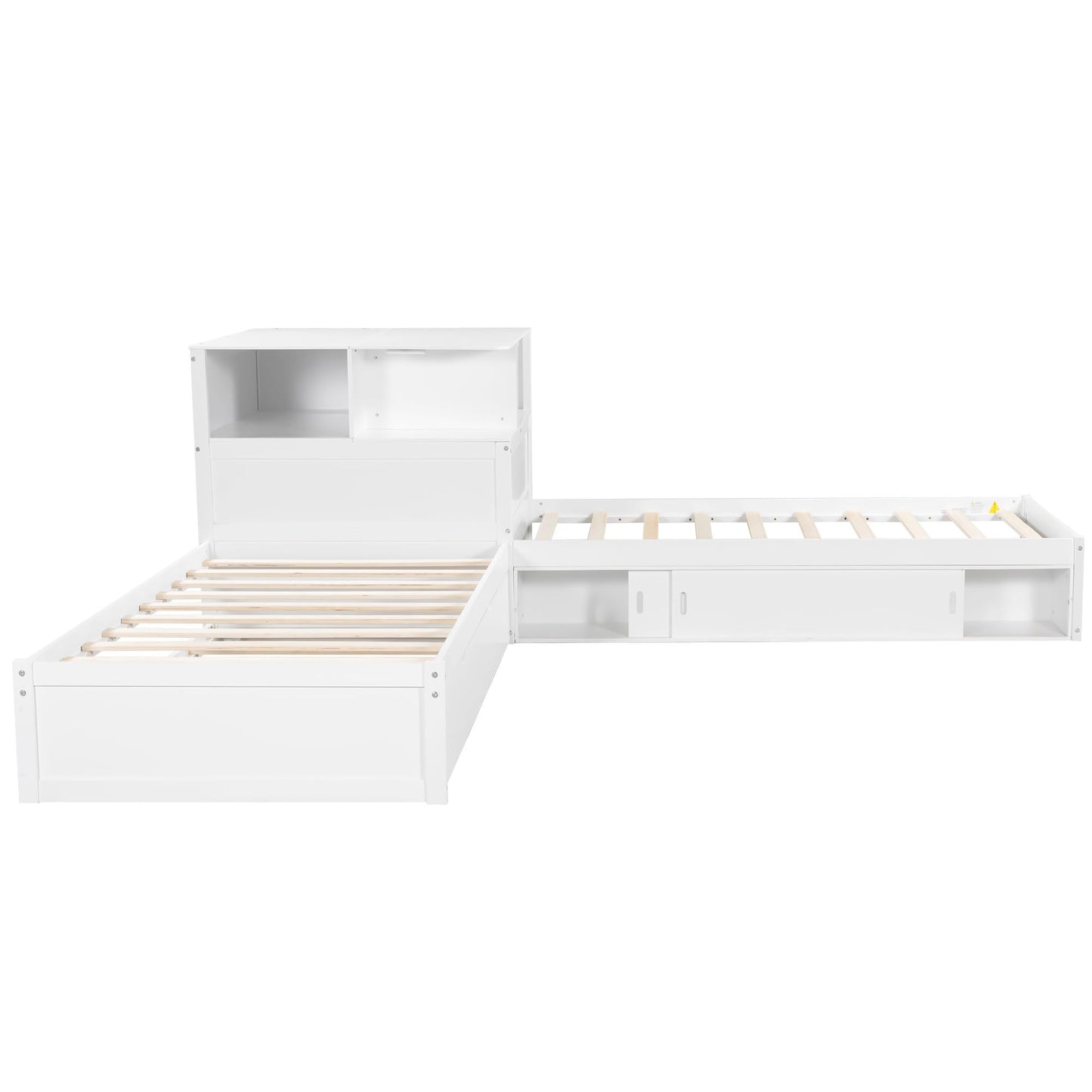 Merax Twin Size Platform Bed with Trundle and Storage Cabinets, L Shaped Corner Bed with Desk and Light, Wood Slats Support, 3 Beds in One Design, No Box Spring Needed