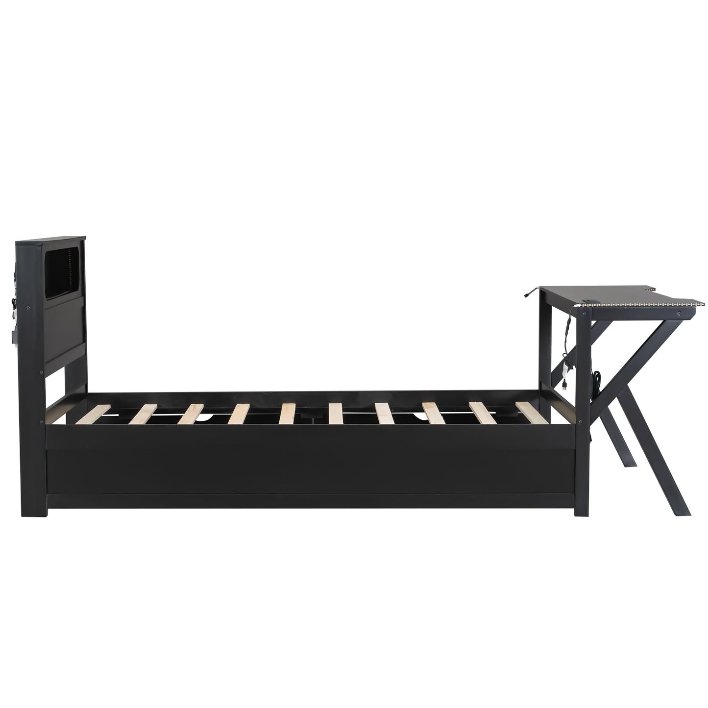 Merax Twin Size Gaming Platform Bed with LED Headboard and LED Desk, Wooden Corner Bed with USB and Two Storage Drawers