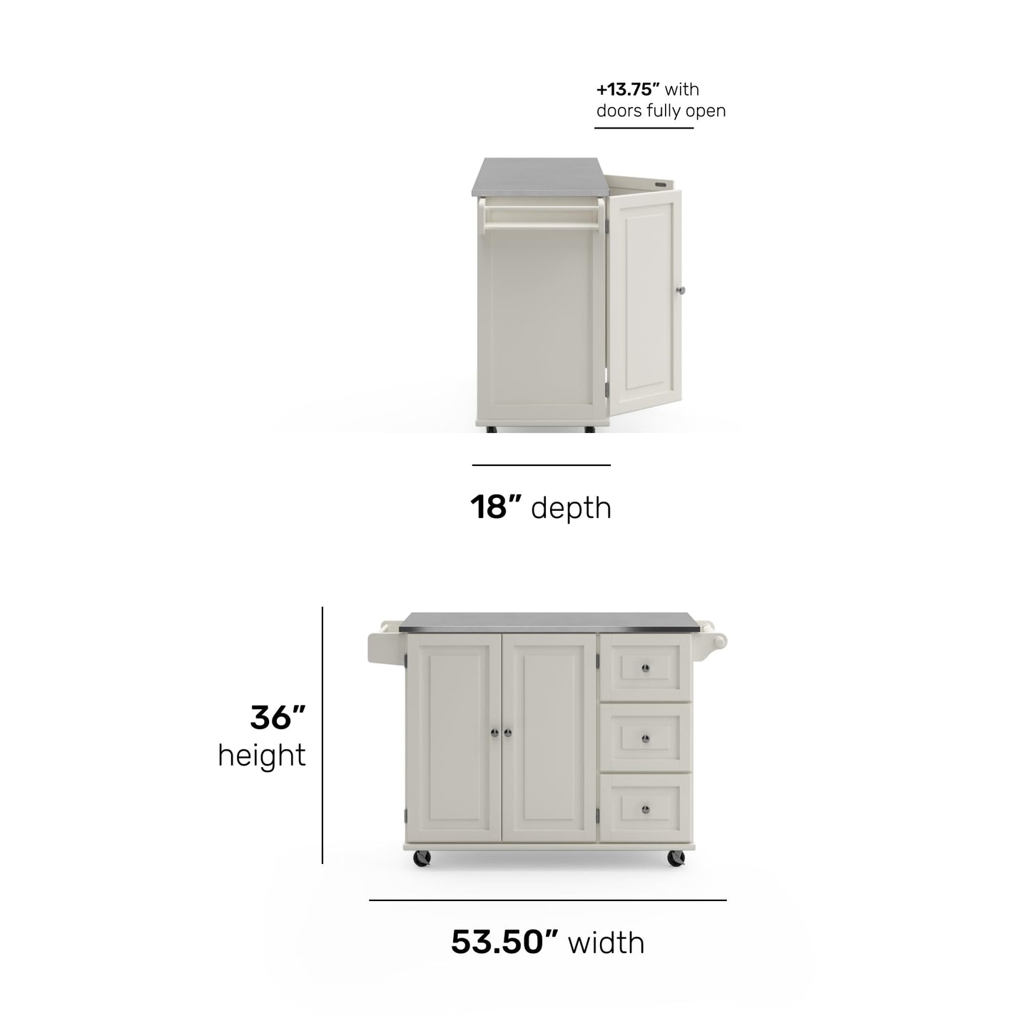 53.5" Kitchen Island Cart with Storage, Rolling Kitchen Cart on Wheels with Stainless Steel Top, Mobile Prep Station with Drawers, Cabinets, Adjustable Shelves & Towel Rack, Solid Wood, Off White