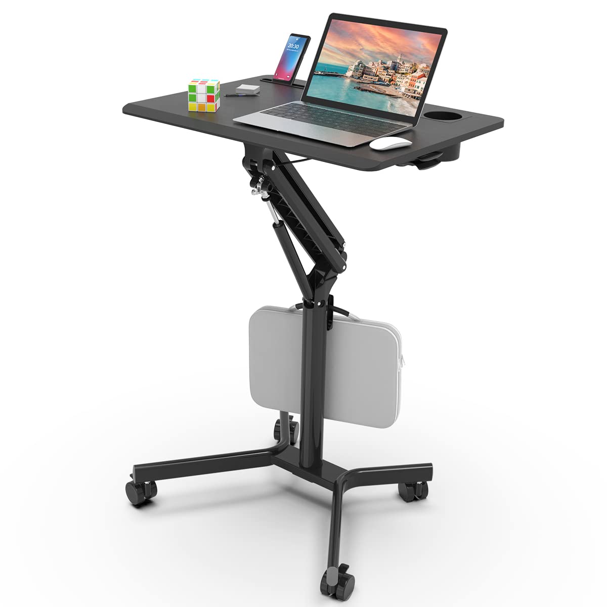 JOY Worker Standing Desk, 28" Small Height Adjustable Rolling Laptop Desk, Portable Sit-Stand with Lockable Wheels, Ergonomic Desktop Table for Home Office, Black