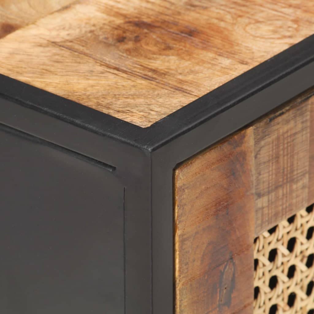KGFHERENB Bedside Cabinet, 15.7"x11.8"x19.7" Rustic Solid Rough Mango Wood Nightstand with Hand-Woven Natural Cane Door, Iron Frame Side Table with Storage for Bedroom and Living Room