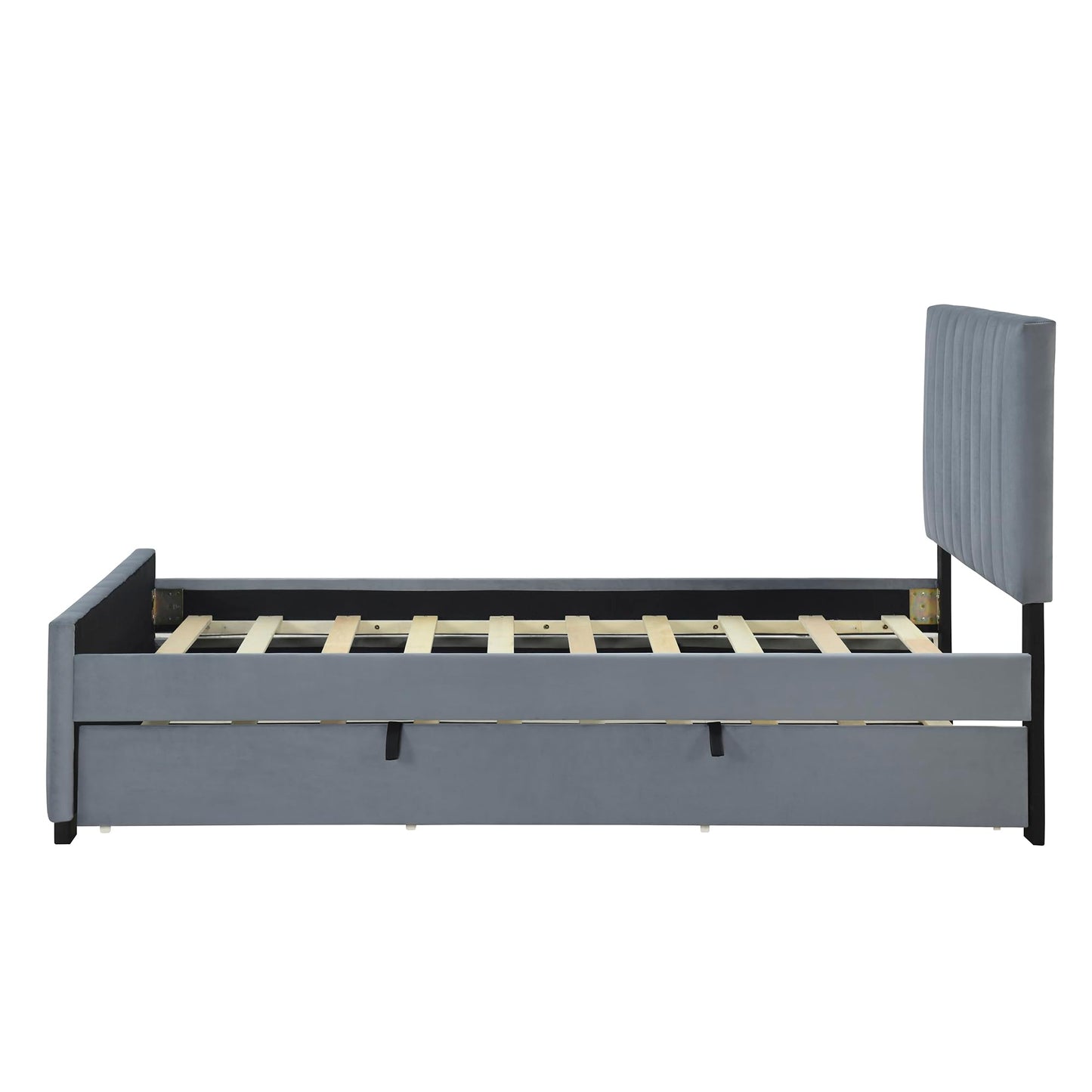 Merax Twin Size Velvet Upholstered Platform Bed, Wood Bed Frame with Twin Size Trundle, Gray