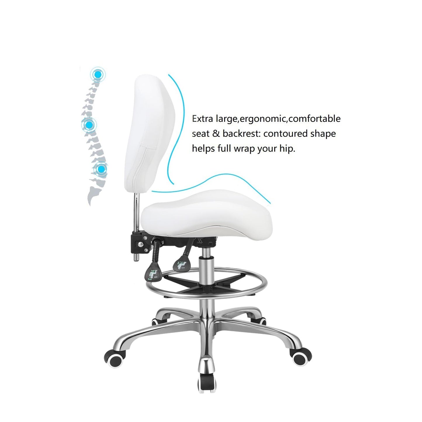 Kaleurrier Adjustable Height Drafting Stool Drafting Chair with Backrest & Foot Rest,Swivel Rolling Stools for Work Studio Dental Office Salon Kitchen Counter Tall Home Desk Chairs (White)