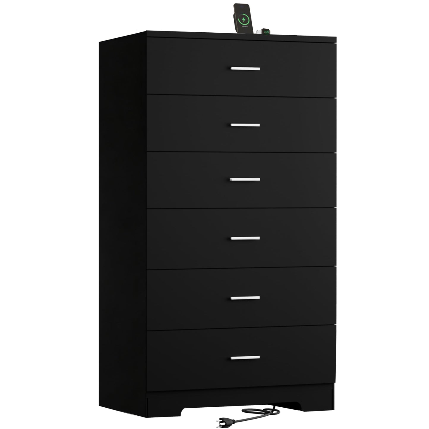 AXCIGOC 48" Tall Dresser for Bedroom Chest of Drawers with Power Outlets Wood 6 Drawers Dresser with Large Storage Space and Metal Handles Modern Closet Storage Drawer for Living Room Hallway Black