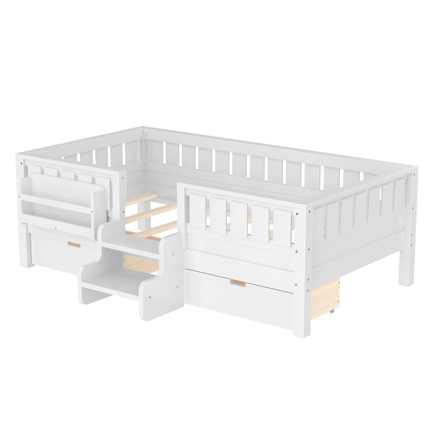 Bellemave Twin Bed with Slats and Stairs, Twin Size Platform Bed Frame with Fence, Bookshelf and Storage Drawers, Easy Assemble Beds for Kids, Girls, Boys, White