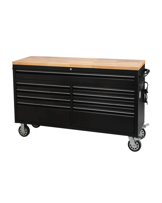 61-Inch Heavy-Duty Rolling Tool Chest & Mobile Workbench with 9 Drawers, Rubber Wood Tabletop, Locking System, 4 Wheels and Drawer Liners, Steel Storage Cabinet for Garage, Workshop, Warehouse, Black