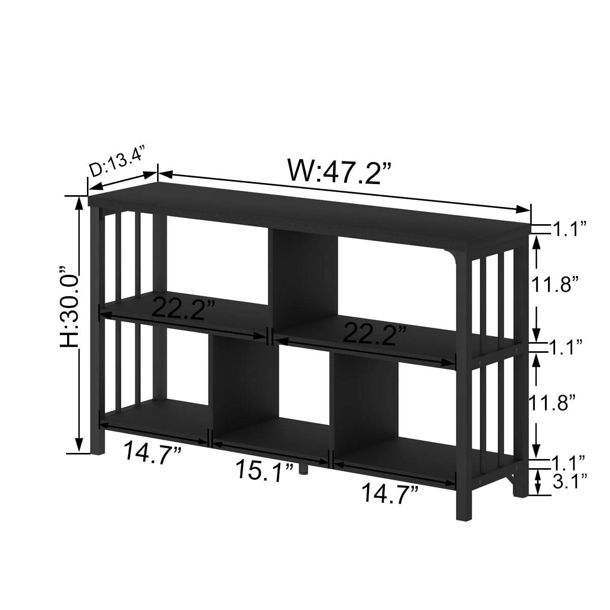 IBF Horizontal Cube Book shelf, Industrial Modern Open Bookshelf, Low Wide Home 5 Cube Storage Organizer Long Shelf for Bedroom, Short Wood and Metal Cubby Book Shelf for Living Room, Black Oak, 47 In