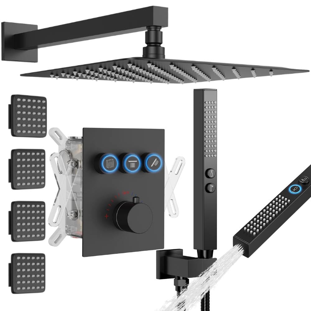 Shower System with Body Jets, STARBATH 12" Rain Shower with 2 in 1 Handheld and 4 Body Jets, Can Use All at Once, Push Button Thermostatic Valve and Trim Kit Complete Shower Faucets Sets, Matte Black