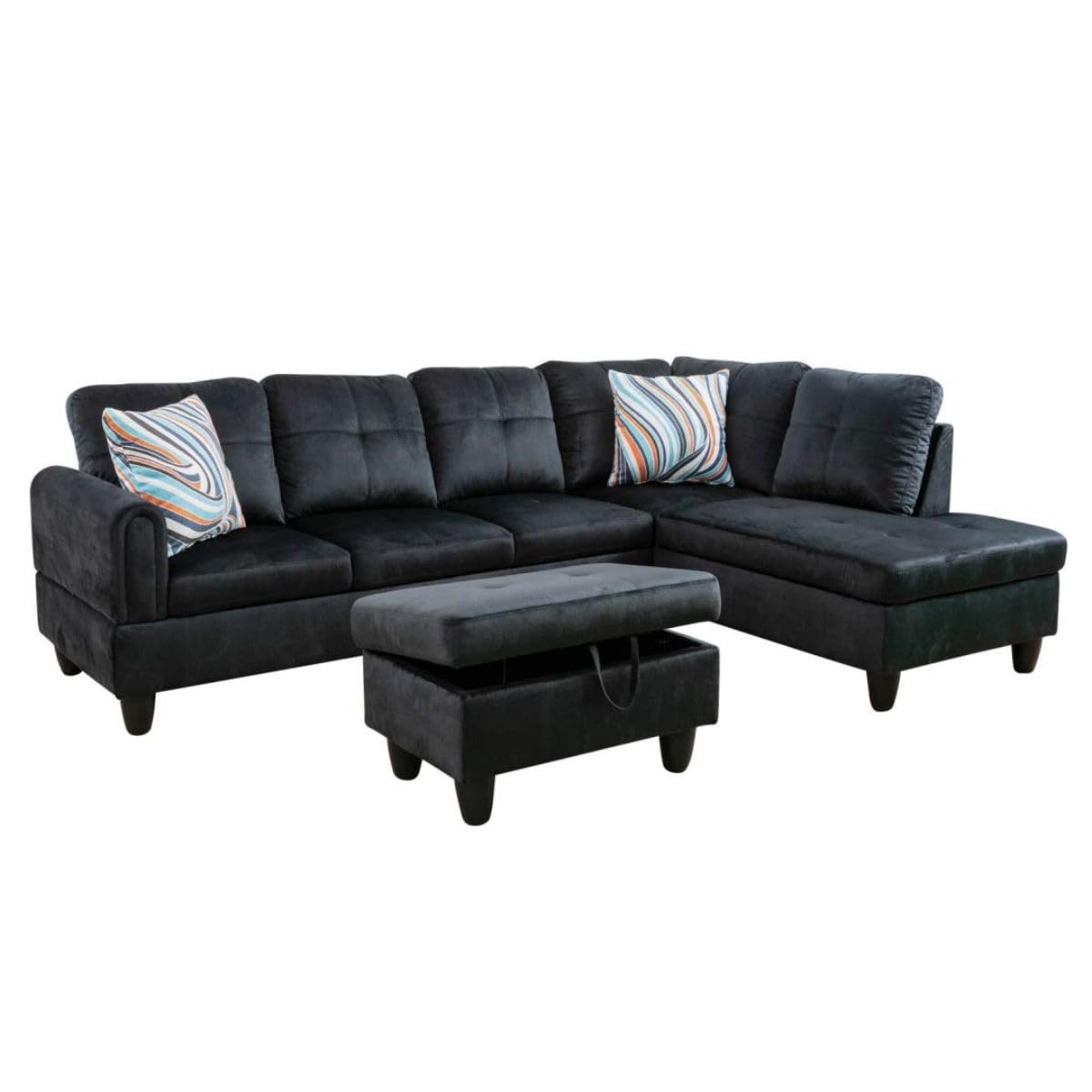 UOCFYK Black L-Shaped 3-Piece Flannel Sofa with Storage Ottoman Set, Sectional Couch Sofa Set for Living Room, Office, Small Space