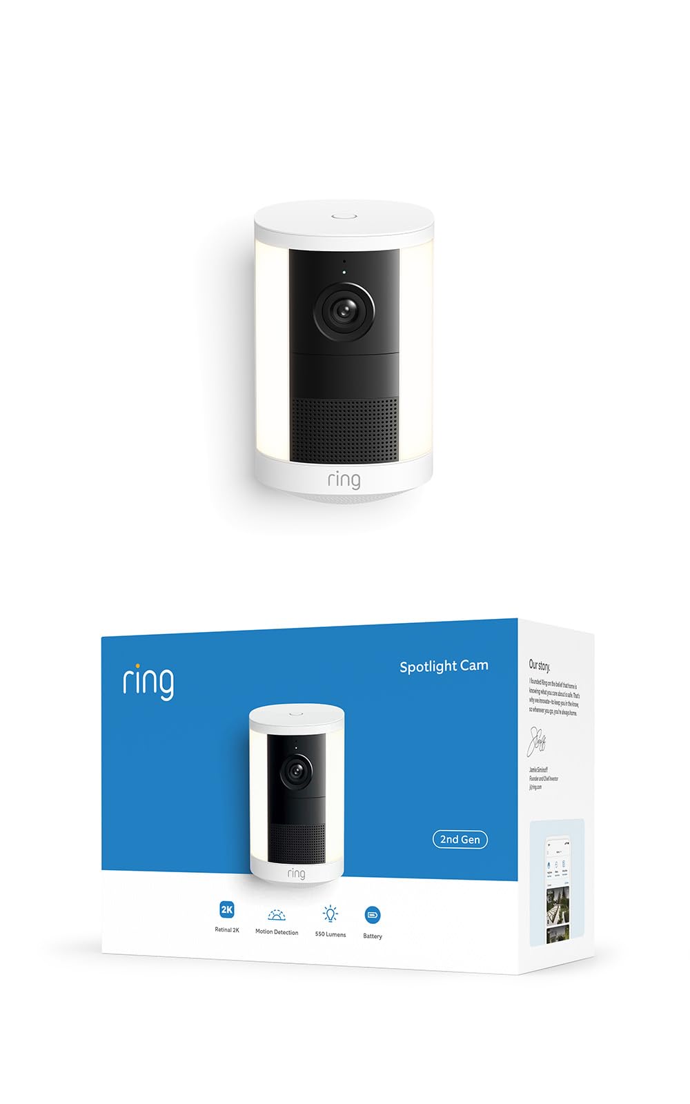 Ring Spotlight Cam, Battery (newest model), Home or business security, Wide-Angle Retinal 2K Video, 6x Enhanced Zoom, Motion-Activated Spotlights, White