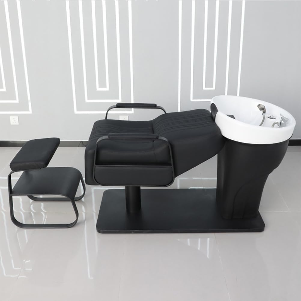 Shampoo Backwash Unit, Shampoo Bowl and Chair Set with Ceramic Sink, Reclining Shampoo Station with Footrest, Backwash Barber Chair for Salon Spa