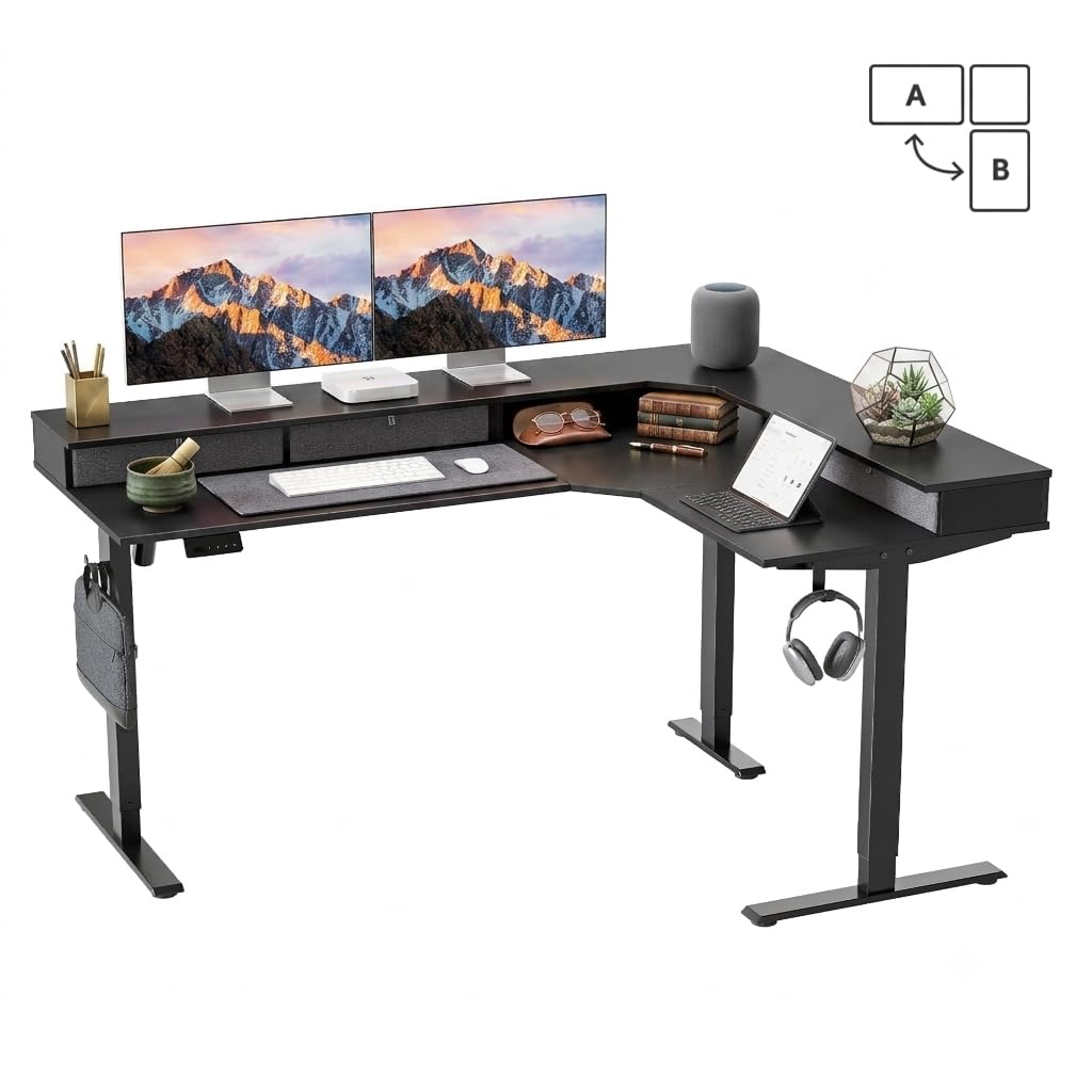 CubiCubi 63x48 Inches L Shaped Standing Desk with 3 Drawers and Monitor Shelf, Height Adjustable Corner Computer Desk with Hooks, Sit Stand Up Ergonomic Home Office Workstation Table, Modern Black