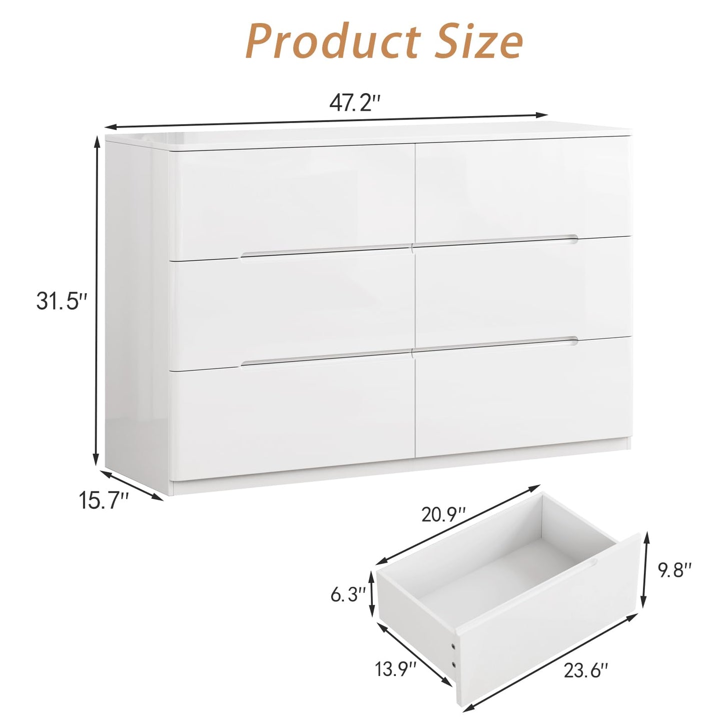 ZORPLIX White Wood Dresser, 6 Drawer Dressers for Clothes Storage for Bedroom, Modern Dresser with Wide Drawers, Wide Wooden Chest Drawers for Living Room, Entryway, TV Stand