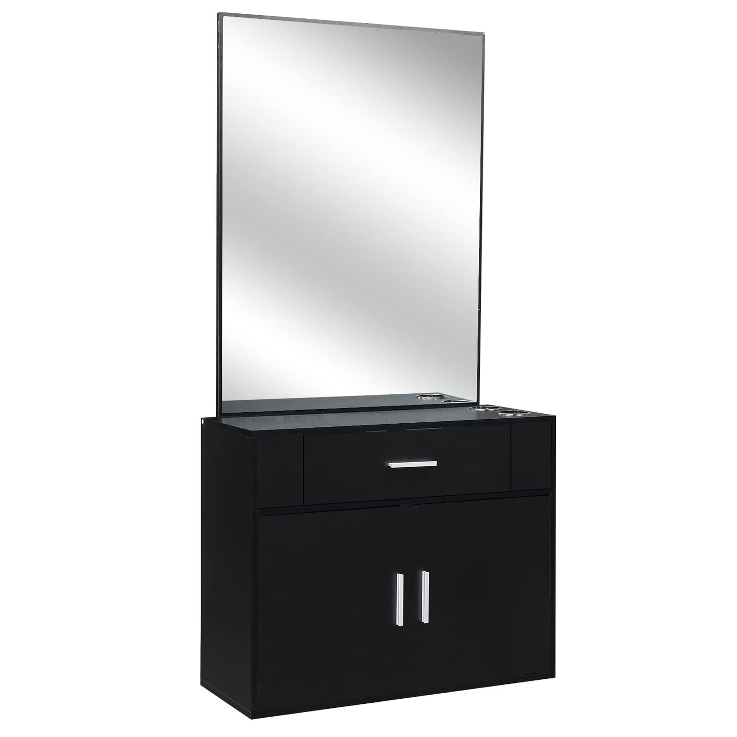 59.4" Black Salon Cabinet Station with Mirror, Beauty Salon Barber Spa Equipment with Mirror, Barber Salon Stations with Mirror, Beauty Salon Barber Spa Equipment with Mirror, Shelves, Cabinet