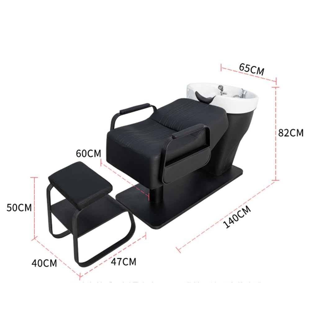 Shampoo Bed with Step Footstool and Ceramic Basin Set - Salon Shampoo Basin and Backwash Unit, Hair Care Massage Treatment Chair Semi-Reclining