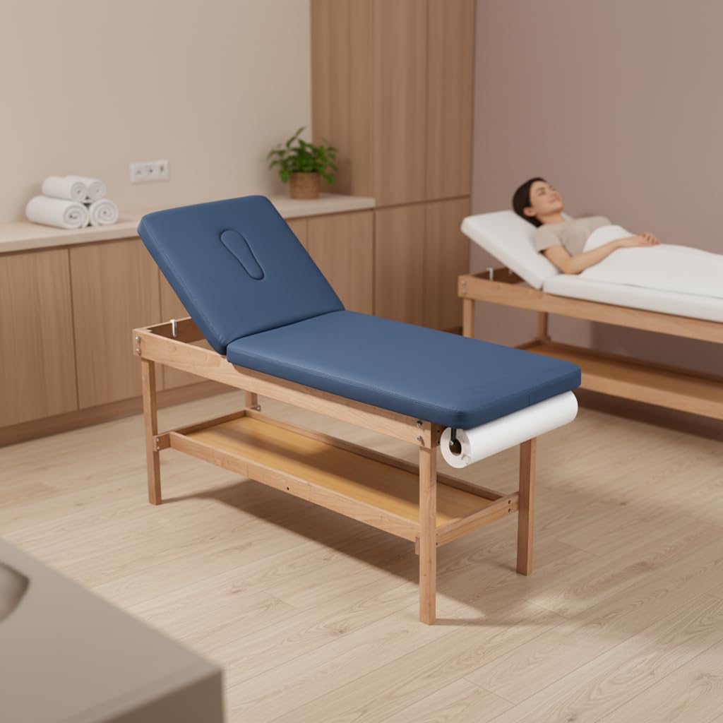 Carenovo 27.5" Width Comfortable Medical Exam Table & Bed with Wooden Storage Base and Paper Holder for Treatment Clincal (Blue)