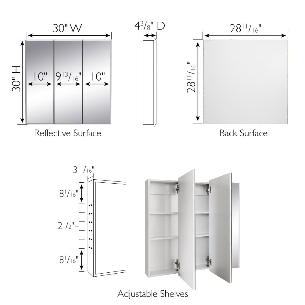 Design House Cyprus 30-in. Wide Medicine Cabinet, 3 Frameless Mirrored Doors, 2 Adjustable Shelves, Pre-Assembled, Surface or Recess Mounted, White, 30.0 in. W x 4.4 in. D x 30.0 in. H, 59749
