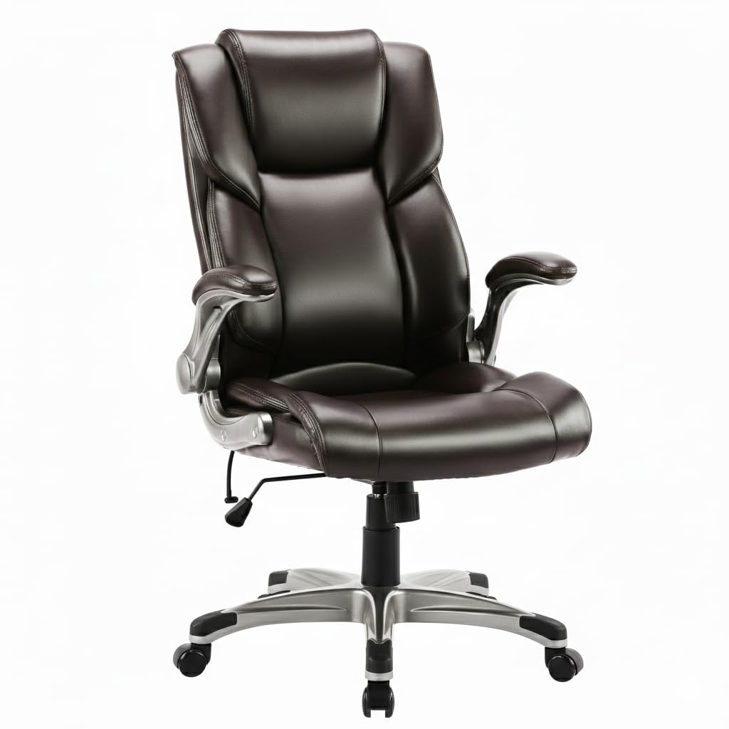 Ergonomic High Back Executive Office Chair with Adjustable Airbag Lumbar Support, Bonded Leather Desk Chair with Flip-up Armrests, Swivel Computer Task Chair for Home Office Workstation, Brown