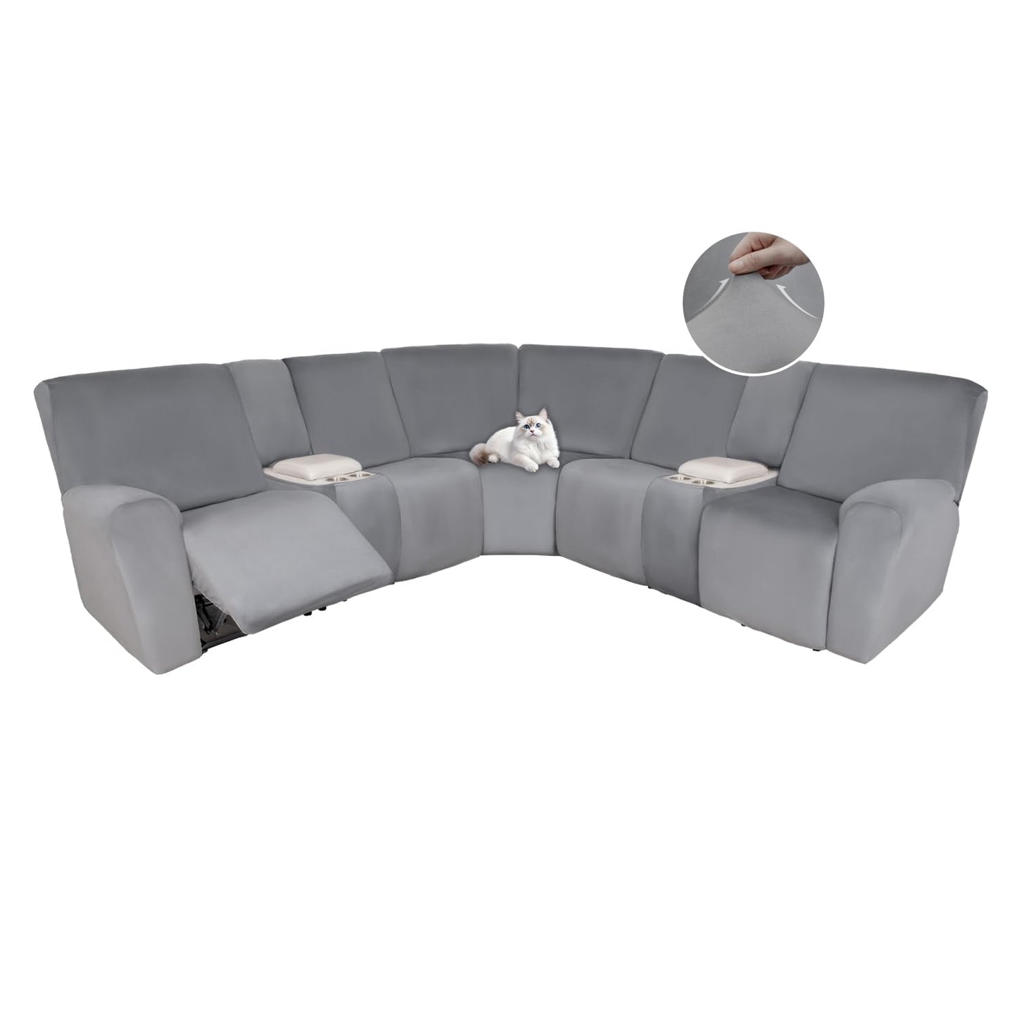 HDCAXKJ Reclining Sectional Couch Covers Velvet L Shaped Sectional Sofa Cover Washable Stretch Soft Corner Recliner Slipcover with Non-Slip Elastic Bottom (5 Seat and 2 Middle Console, Light Gray)