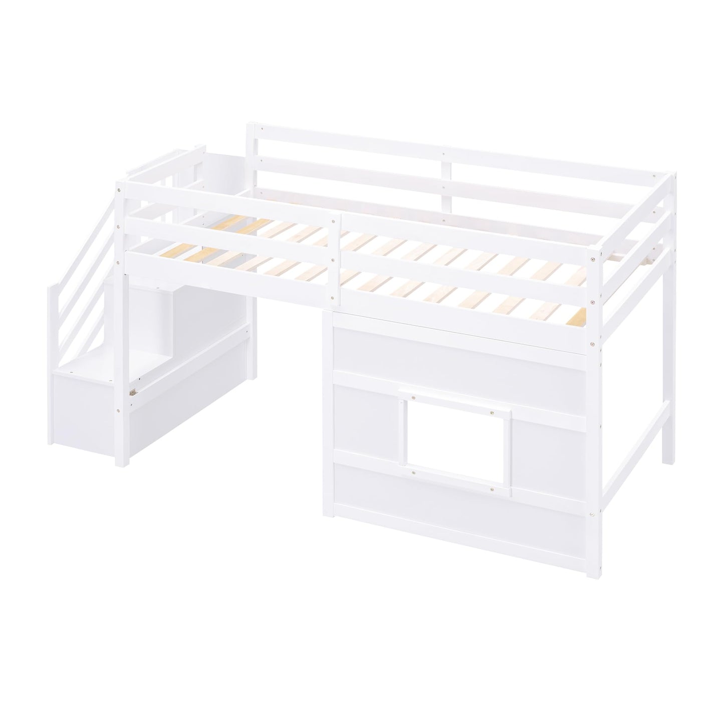 Merax Twin Size Loft Bed with Storage Staircase, Solid Wood Loft Bed Frame with LED Light and Safety Guardrail, Under-Bed Play Space, Playhouse Beds for Kids, Boys, Girls,White