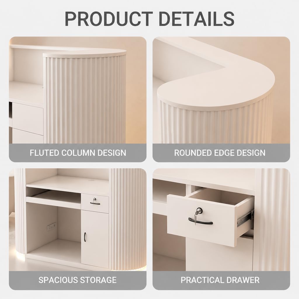 Modern Curved Reception Desk 47 Inch, LED Light Reception Counter with Power Outlet, Lockable Drawer Storage Cabinet for Salon Office Lobby Retail Store