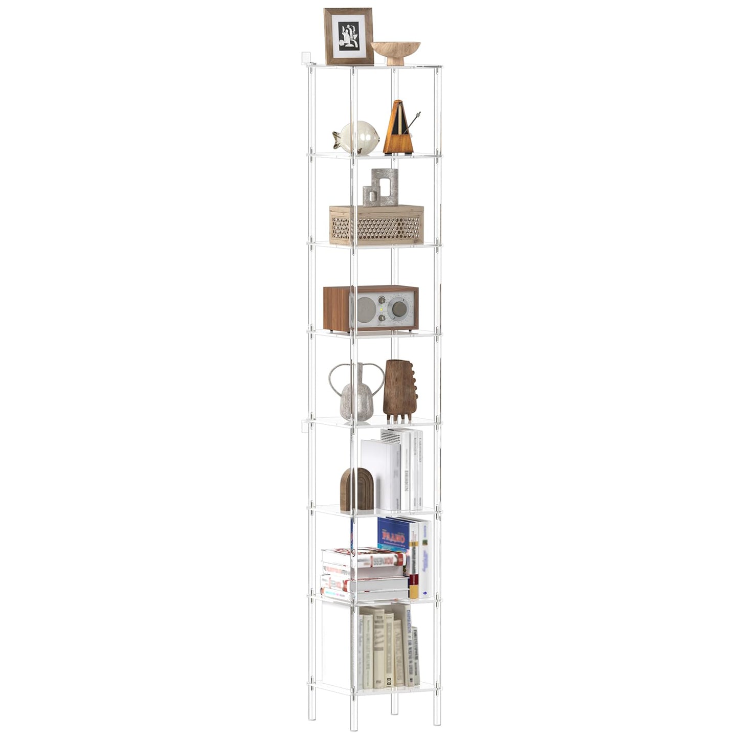 CRTERICX 8-Tier Square Acrylic Bookshelf, Clear Tall Narrow Bookcase for Small Space, Corner Open Display Book Shelves for Home Office, Living Room, Bedroom, Modern, 11.6''W x 73.7''H