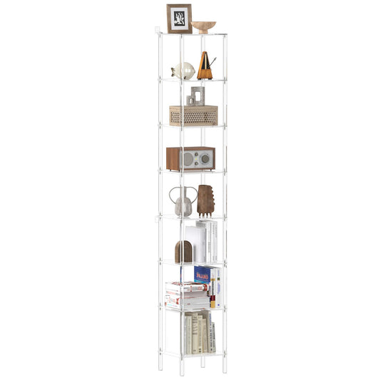 CRTERICX 8-Tier Square Acrylic Bookshelf, Clear Tall Narrow Bookcase for Small Space, Corner Open Display Book Shelves for Home Office, Living Room, Bedroom, Modern, 11.6''W x 73.7''H