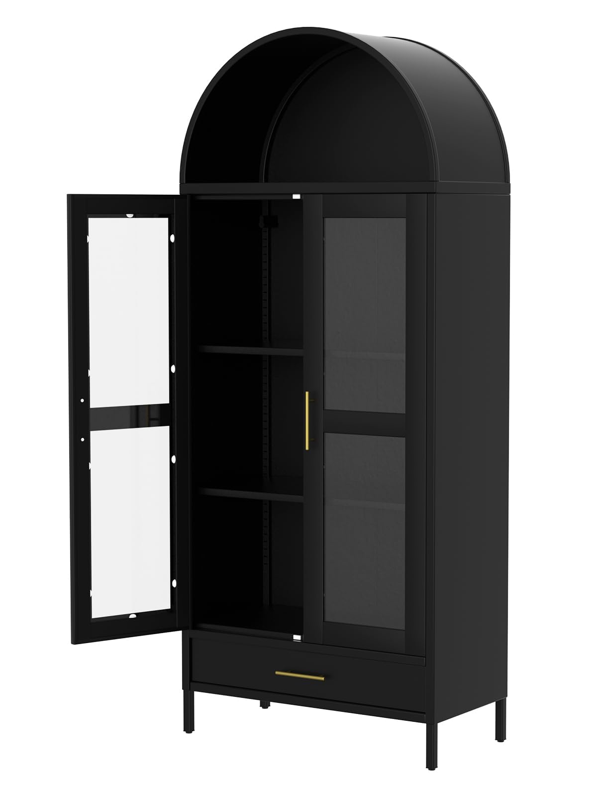 IDEALHOUSE 73" Tall Arched Metal Storage Cabinet with Glass Doors and Drawer, Freestanding Pantry Cabinet, Adjustable Shelves, Modern Display Bookshelf for Living Room, Dining Room, Kitchen, Black