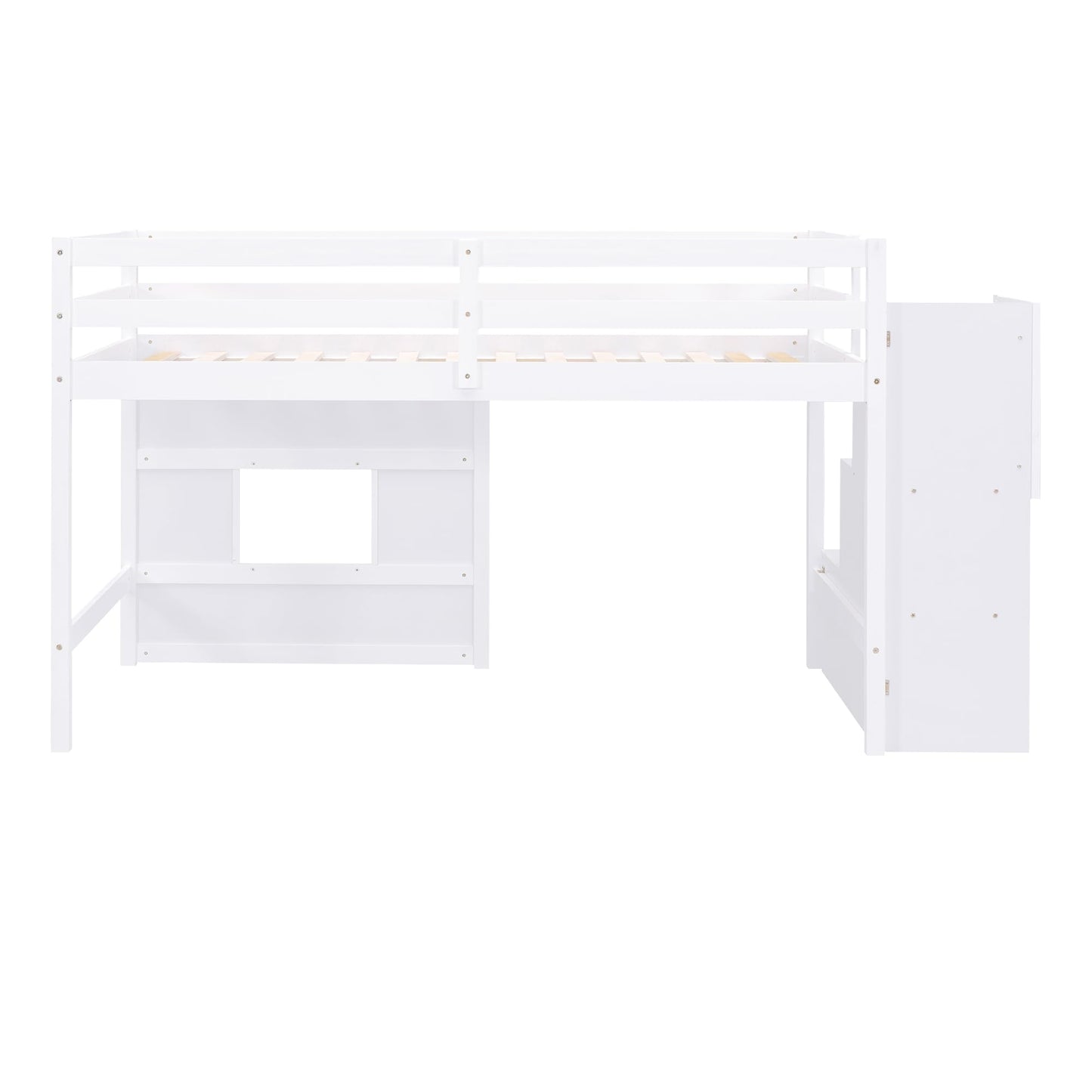 Merax Twin Size Loft Bed with Storage Staircase, Solid Wood Loft Bed Frame with LED Light and Safety Guardrail, Under-Bed Play Space, Playhouse Beds for Kids, Boys, Girls,White
