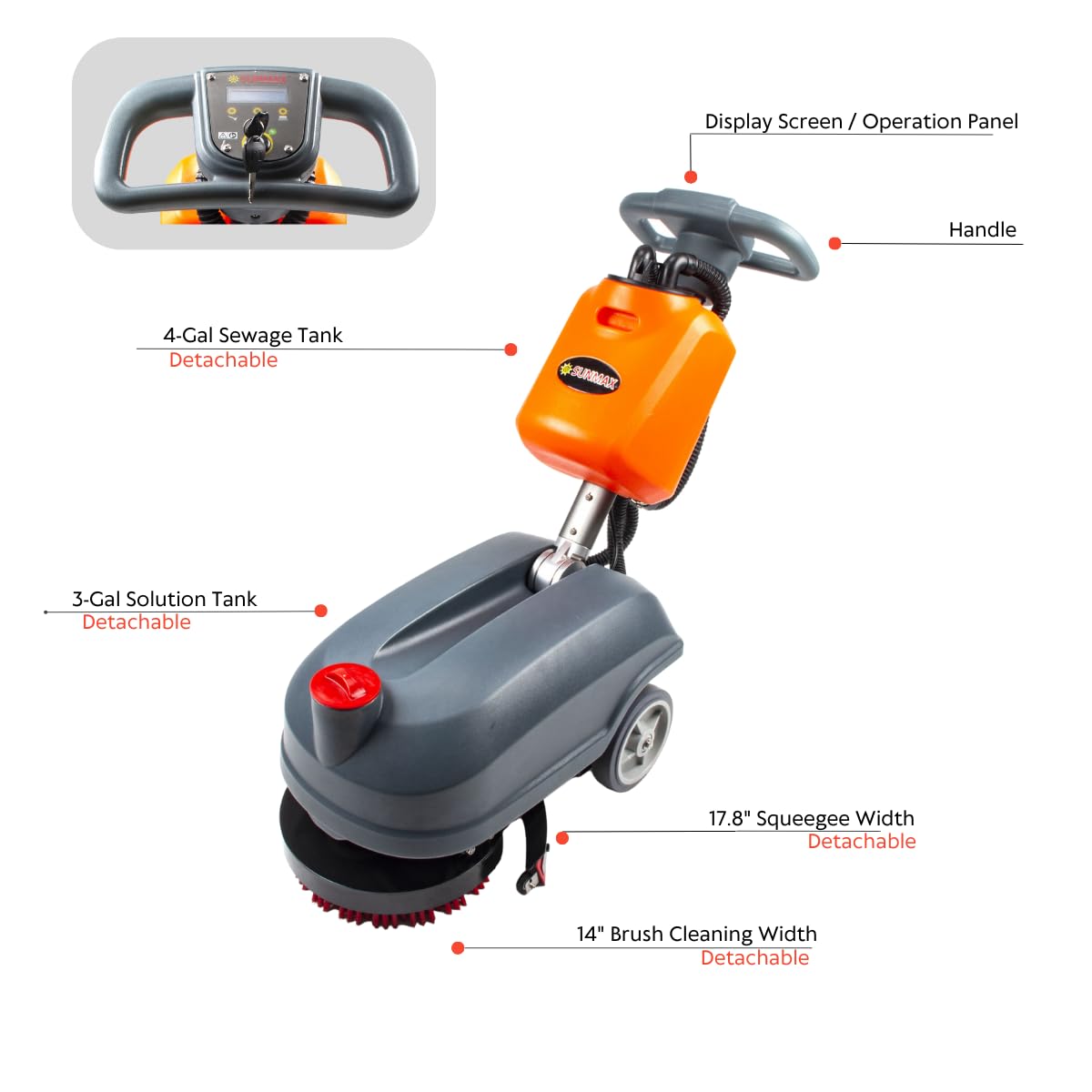 14" Commercial Compact Floor Scrubber Dryer Machine, 14500 sqft/h, 4-Gal Sewage Tank, 3.5 Hour Fast Charging Efficient Cleaning for Hard Floors | RT15+