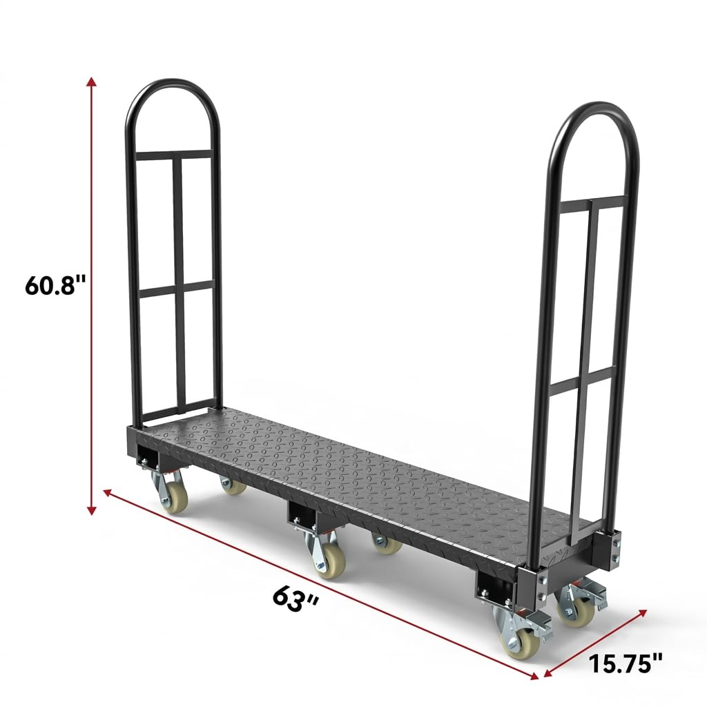 YITAMOTOR Heavy Duty U-Boat Platform Truck, 63" L x 15.75" W x 60.8" H Narrow Aisle U-Boat Cart with Thick Steel Deck 2000 Lb. Capacity, Industrial Uboat Utility Cart with 6 Swivel Casters & 2 Brakes