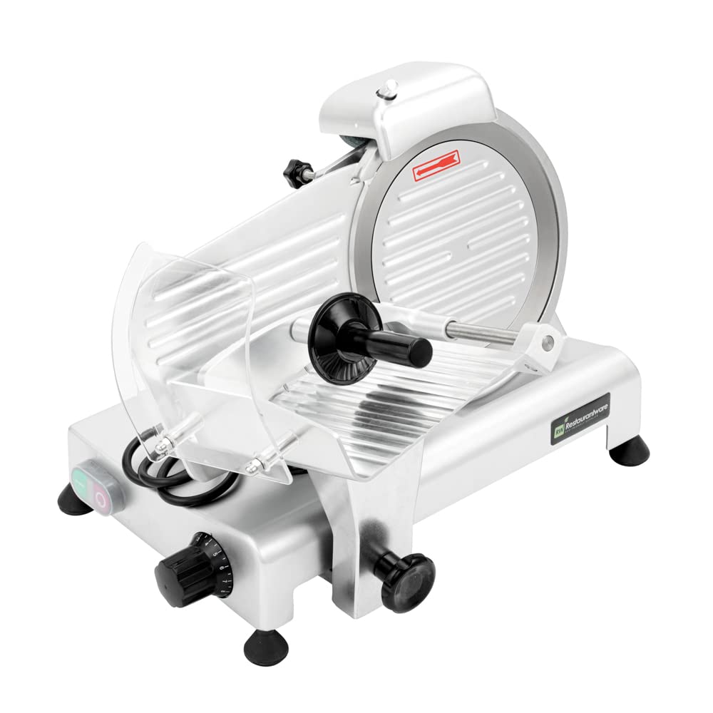 Restaurantware Bio Tek Meat Slicer 1 Adjustable Slice Size Manual Slicer - 200W Operation 0.25 Horsepower Stainless Steel Deli Slicer Built-In Sharpener Fixed Ring Guard