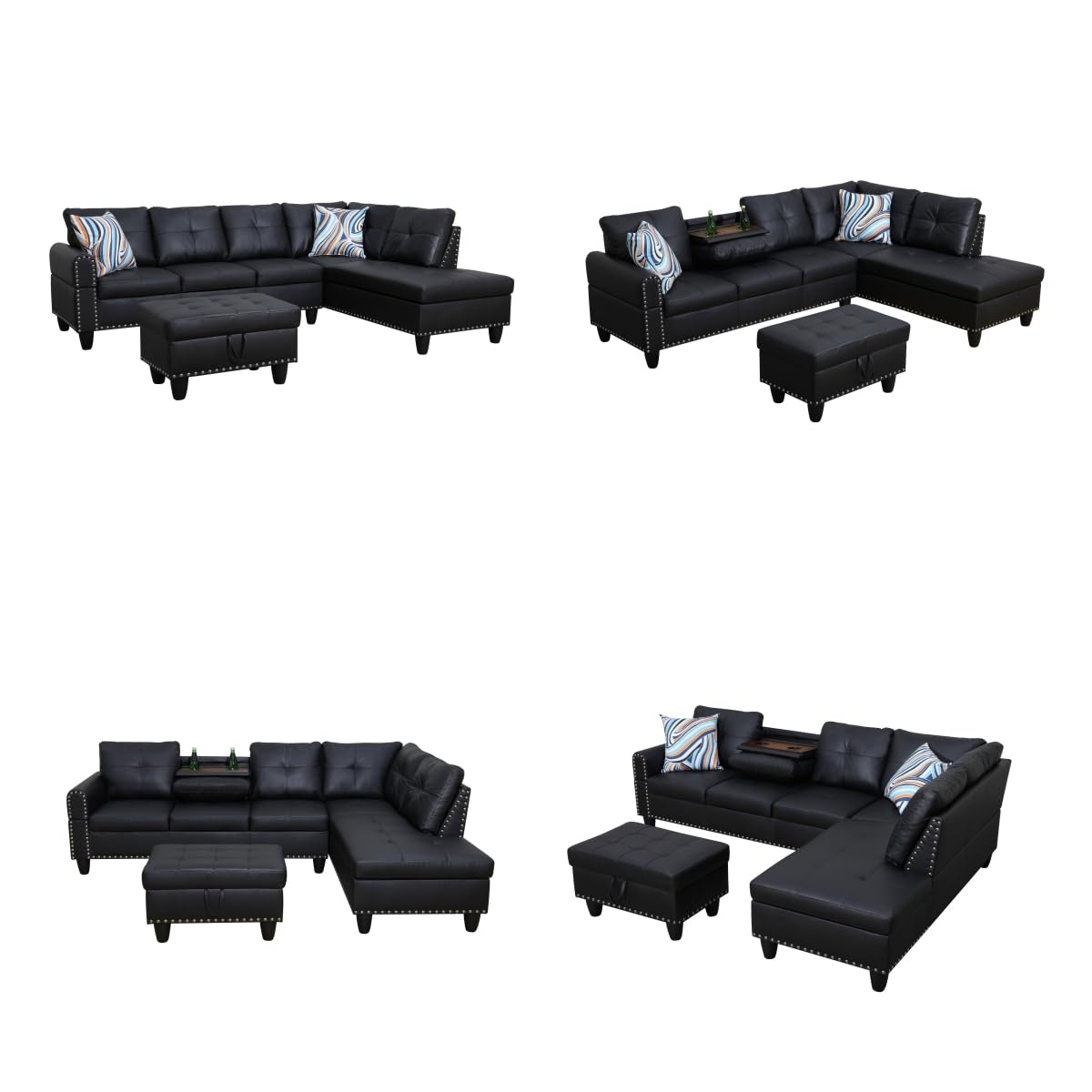 Topcomfy Sectional Couches for Living Room with Movable Chaise & Storage Ottoman - 97.5" Leather L Shaped Couches for Living Room Apartment, Home Modular Sectional Sofas with Cup Holder, Black