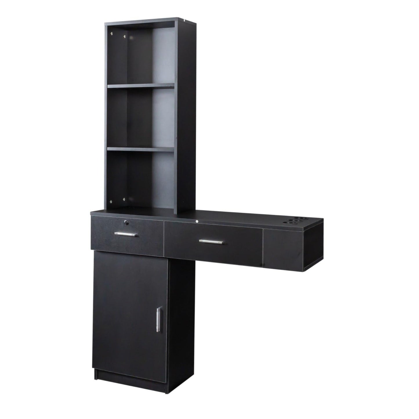 FRITHJILL Modern 66.93" Tall Multi-Layer Hair Styling Storage Cabinet, Salon Spa Station with Appliance Holders and Lockable Drawer, Ideal for Salons, Barber Shops, and Home Use, Black