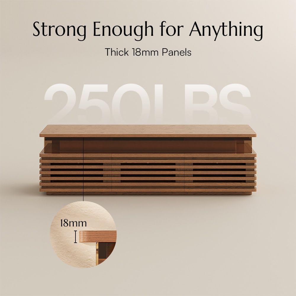 POVISON Fully Assembled Mid-Century Modern TV Stand, 94.49 Horizontal Slatted Media Console with Adjustable LED Lights, Ventilated Storage, Walnut Entertainment Center for Living Room