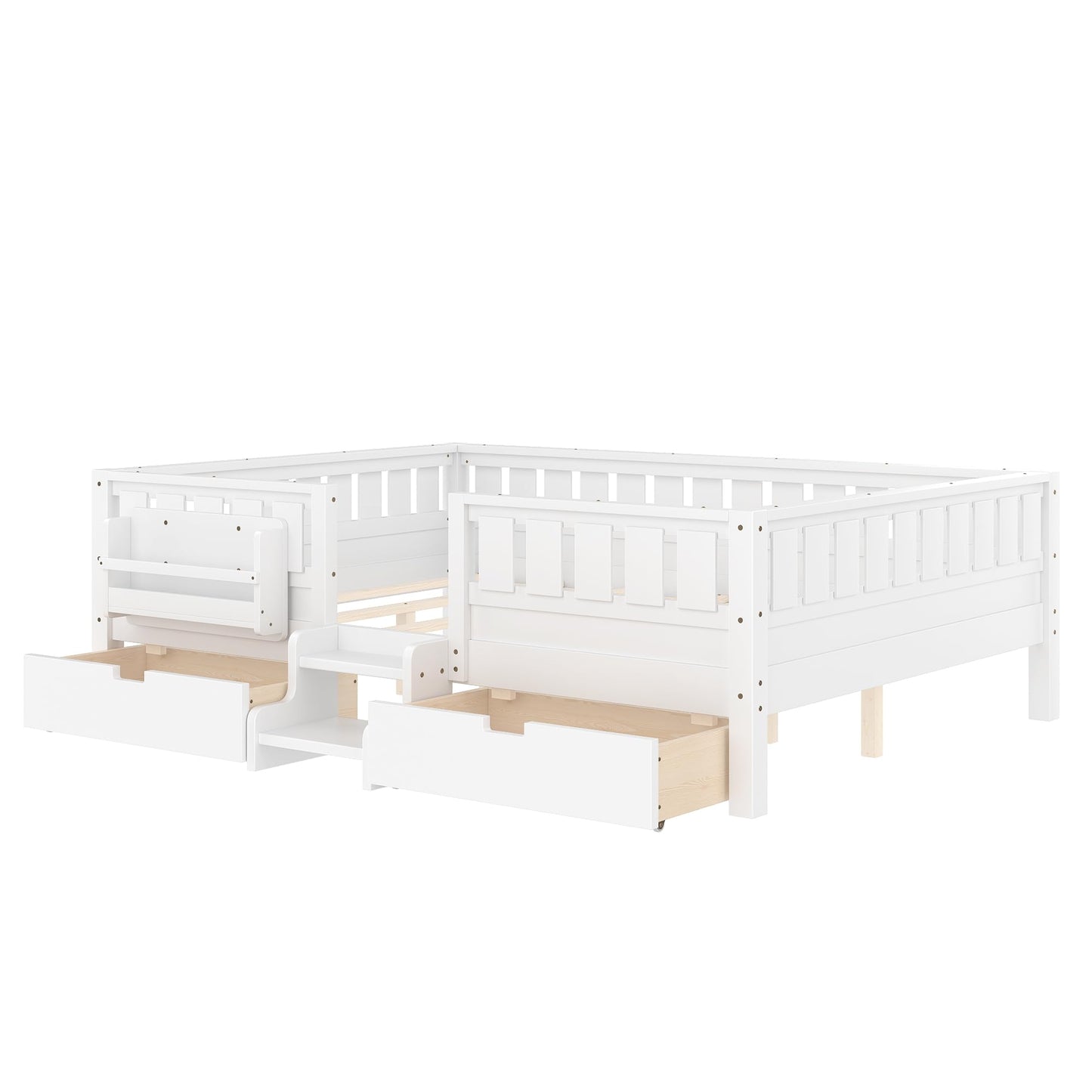 Queen Platform Bed with Storage Drawers and Bookshelves, Kids Platform Bed Frame with Low-profile Stairs and Full-length Guardrails, Queen Bed Frame for Boys, Girls, No Box Spring Needed, White