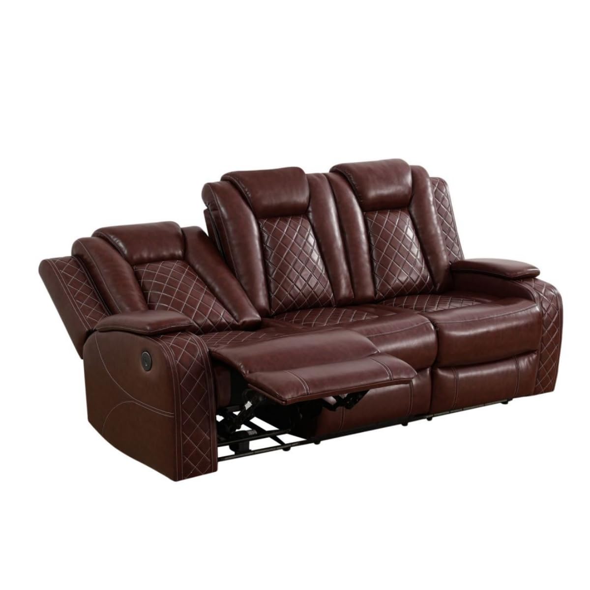 UOCFYK Electric Power Recliner Sofa Living Room Furniture, Comfy Home Theater Breathing Leather Seating with USB 2.0 Charging Ports, LED Light Strips, Fold-Down Table & Wireless Charging Device (Red)