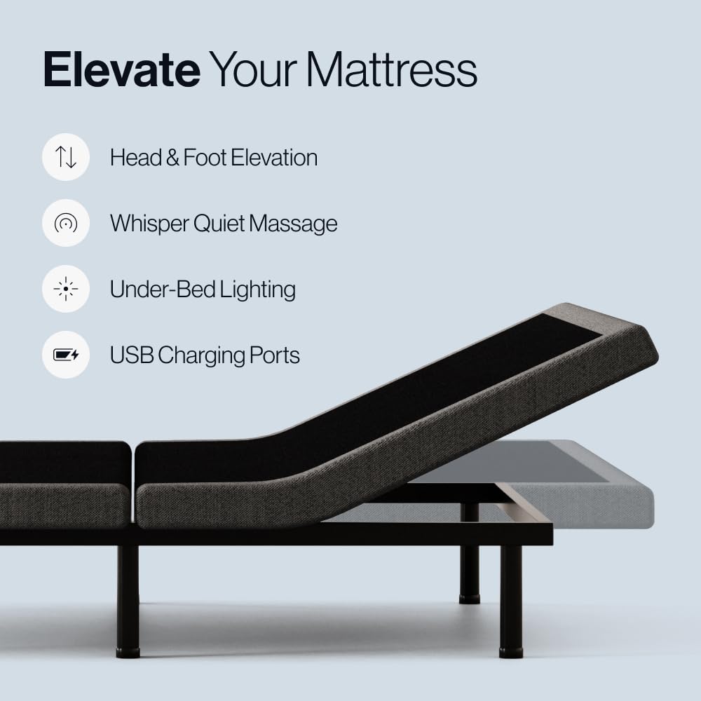 Adjustable Comfort Upholstered Adjustable Bed Base 2.0 with Upgraded Motors, Massage, Wireless Remote, USB Port-Ergonomic Head and Foot Inclines, Queen