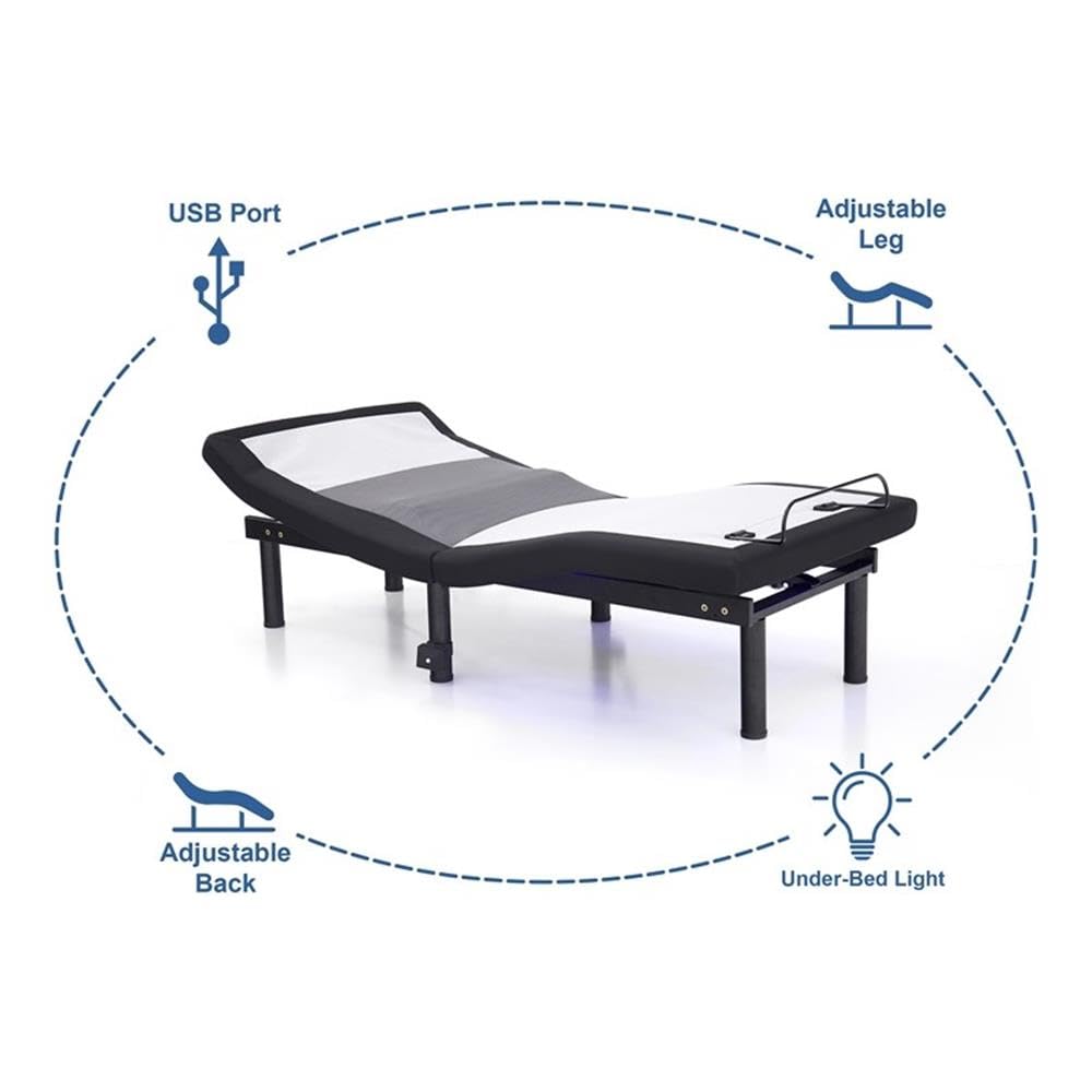 Pemberly Row California King Adjustable Bed Base, Metal Frame with USB Ports, Black Finish, Tri-Motor System, Wireless Remote and App Control, Adjustable Head and Foot Positions, Modern Bedroom