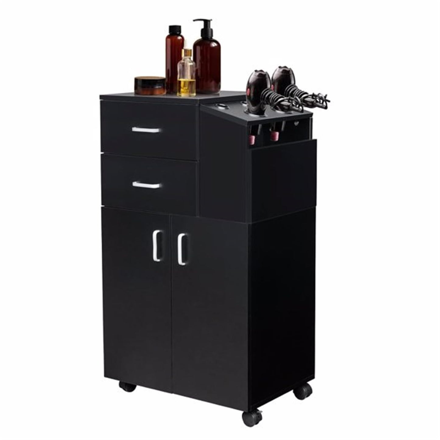CUIYMXSC Rolling Salon Station, Beauty Salon Storage Cabinet Trolley, with 5 Hair Dryer Holders, 2 Drawers, Barber Styling Station, Tool Cart for Stylist Hair Salon Barber Shops
