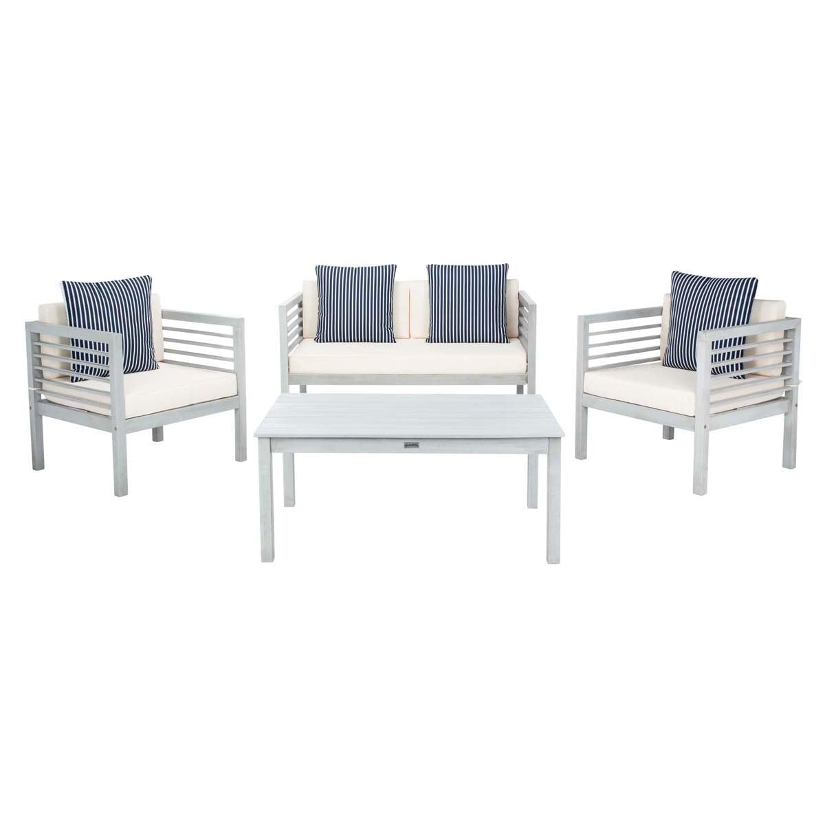 SAFAVIEH Outdoor Collection Alda Grey / Beige Cushions/ Striped Pillows 4-Piece Conversation Patio Set