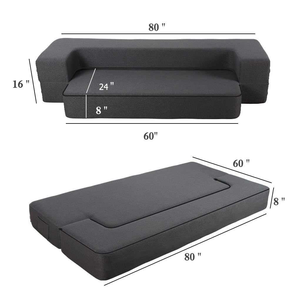 HonTop 8 Inch Folding Sofa Bed Couch, Queen Size Memory Foam Convertible Futon Sleeper Chair for Bedroom Living Room Guest, No Assembly Fold Out Sofa, Dark Grey