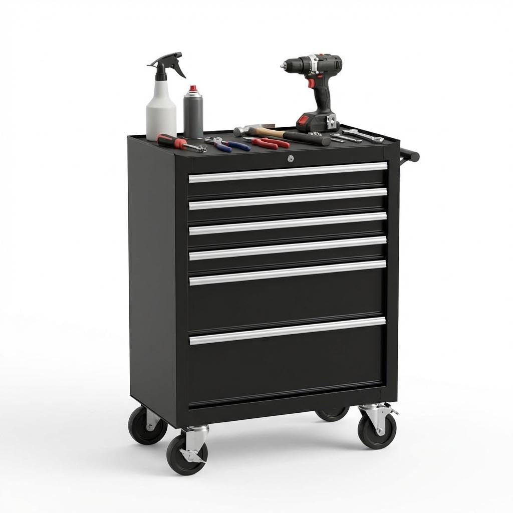 7-Drawer Tool Chest, Rolling Tool Cart with Wheels, Large Capacity Tool Storage Cabinet with Keyed Locking,Drawer Liners&Link Buckle, for Garage, Workshop, Warehouse,24.21"L * 13.78"W * 34.06"H Black