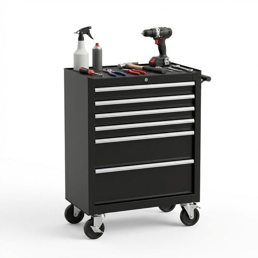 7-Drawer Tool Chest, Rolling Tool Cart with Wheels, Large Capacity Tool Storage Cabinet with Keyed Locking,Drawer Liners&Link Buckle, for Garage, Workshop, Warehouse,24.21"L * 13.78"W * 34.06"H Black