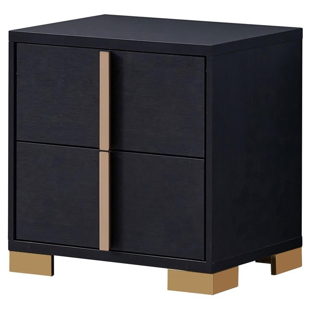 Pemberly Row 2-Drawer Wood Nightstand, 22.25 in H x 21.75 in W x 16.25 in D, Black and Gold Finish, Art Deco Style, Metal Glide Drawers, Geometric Accent, Bedroom Furniture Storage